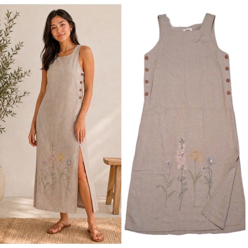 Talbots Petite Linen Blend Midi Dress Brown PP Side Button/Slit Floral Embroider